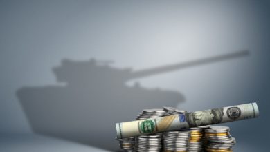Military Budget Concept, Banknote With Weapon Shadow